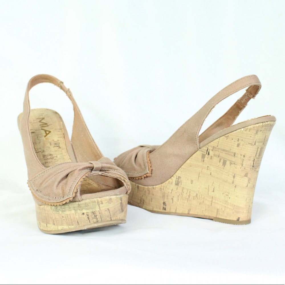 Nude tan bow Peep open Toe Cork Wedges sandals 9